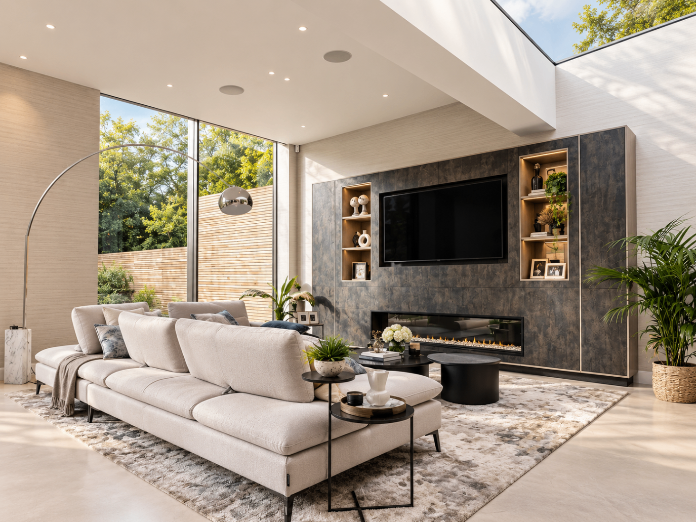 Bright living room with roof glazing and a stone feature wall
