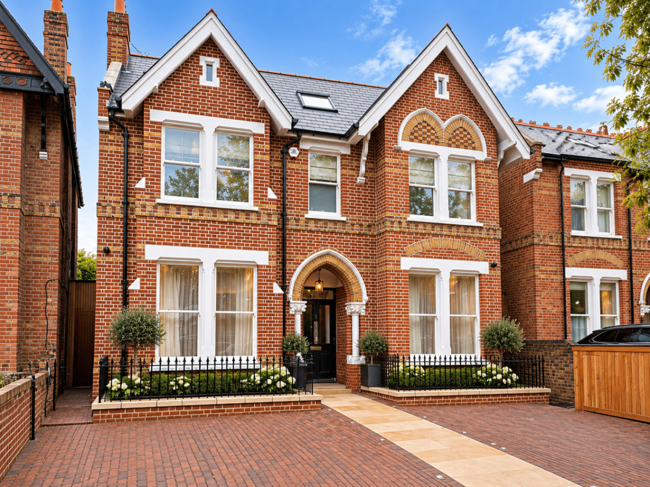 Red brick home with restored gables and a paved driveway