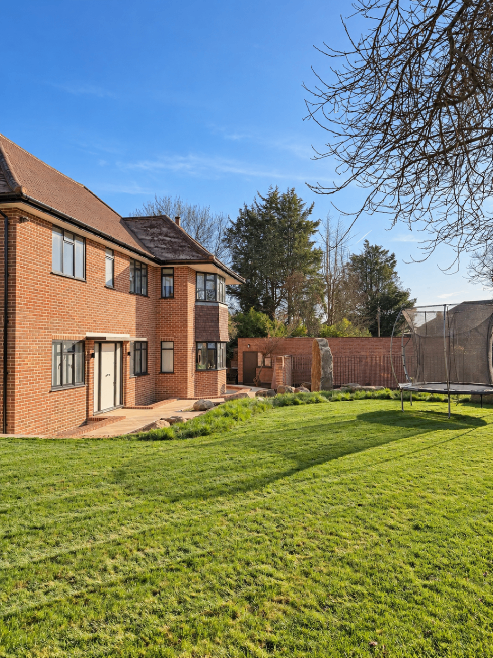 Brick house and lawn in a spacious back garden